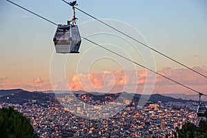 Barcelona panoramic view, Spain. Cable car, Teleferic de Montjuic