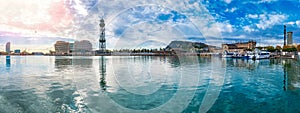 Barcelona Port Vell panorama with overhead cableway to Montjuic