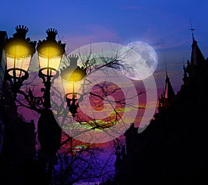 Barcelona Rambla Catalunya streetlights backligth