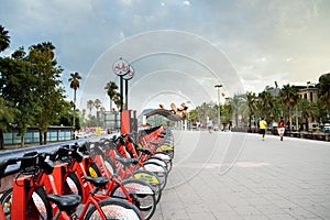 Barcelona rental bikes, red bikes for rental, bibicing bicycle sharing system
