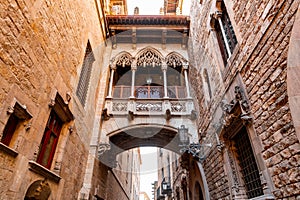 Barcelona\'s Gothic Quarter, El Pont del Bisbe was built for the 1929 Barcelona International Exposition, Spain