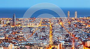 Barcelona skyline, Aerial view at night, Spain