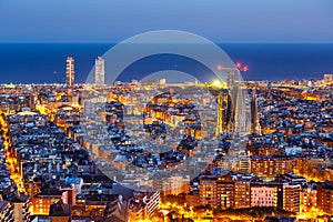 Barcelona skyline city town overview with Sagrada Familia church cathedral in Spain