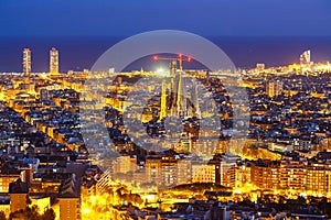 Barcelona skyline city town overview with Sagrada Familia church cathedral in Spain photo