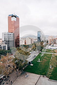 Barcelona, Spain - 15 December 2019: View of Edificio Allianz, Torre Allianz - skyscraper on Carrer de Tarragona Street