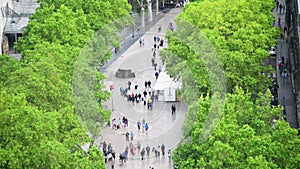 Barcelona, Spain. Aerial overhead view of La Rambla from a high viewpoint Slow motion