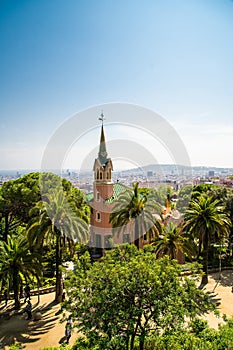 BARCELONA, SPAIN - April, 2019: View of the famous bench - serpentine seating on the main terrace of Park Guell, architectural