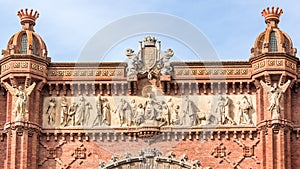 Barcelona, Spain, April 2020: Facade view of arc de triomph