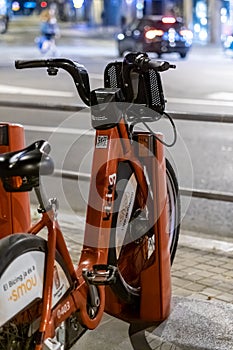 Barcelona, Spain - April 3, 2021. Bicing, public bicycle rental service in the city of Barcelona, Spain