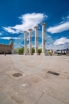 BARCELONA, SPAIN - April, 2019: The Four Columns, created by Josep Puig i Cadafalch, is on the place in front of Museu Nacional d photo