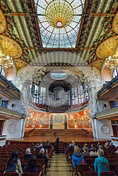 BARCELONA, SPAIN - APRIL 28: Interior of the Palace of Catalan Music on April 28, 2016 in Barcelona, Spain