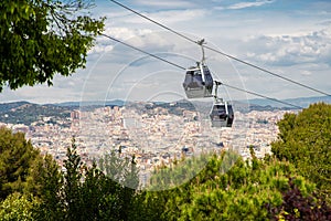 BARCELONA, SPAIN - April, 2019: Teleferic of Montjuic in Barcelona. The cable car links the city of Barcelona to the top of the