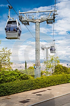 BARCELONA, SPAIN - April, 2019: Teleferic of Montjuic in Barcelona, Spain. The cable car links the city of Barcelona to the top of