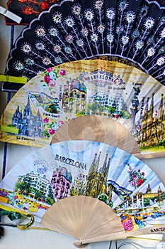 Barcelona, Spain-August 17, 2023. Typical souvenirs from Barcelona, Spain. Fans