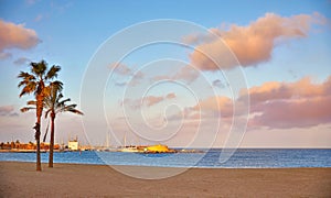 Barcelona, Spain. Barceloneta beach. Colorful evening sunset