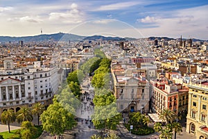 Barcelona Spain city skyline at La Rambla street