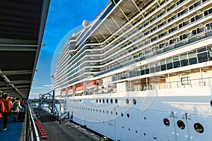 View of MSC WORLD EUROPA cruise ship stands in passenger port of Barcelona