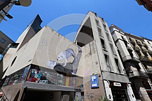 Barcelona, Spain, detail of the murals and city buildings