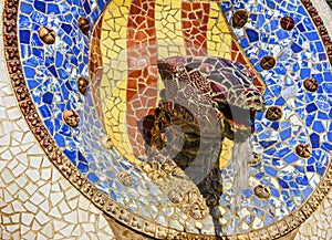 Barcelona, Spain, dragon head, Park Guell mosaic fontain, Gaudi
