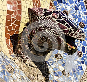 Barcelona, Spain, dragon head, Park Guell mosaic fontain, Gaudi