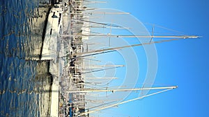 Barcelona, Spain, Europe. A big yacht club with docked sailboats. Sun port with yachts at ocean bay aerial. Ships and