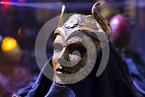 Original costumes of actors and props from the movie `The Game of Thrones` in the premises of the Maritime Museum of Barcelona.