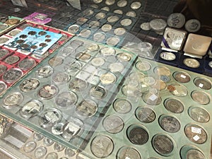 Barcelona, Spain, March 2016:trade of antique and old coins on local numismatic flea market