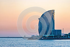 Barcelona, Spain -March 15, 2019: View of Barceloneta Beach and W Hotel in Barcelona, Spain