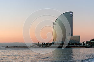 Barcelona, Spain -March 17, 2019: View of Barceloneta Beach and W Hotel in Barcelona, Spain