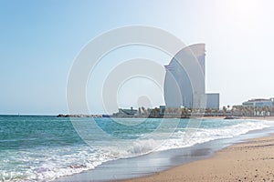 Barcelona, Spain -March 11, 2019: View of Barceloneta Beach and W Hotel in Barcelona, Spain