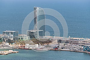 Barcelona, Spain -March 12, 2019: View of Barceloneta Beach and W Hotel in Barcelona, Spain