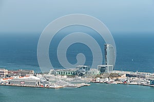 Barcelona, Spain -March 12, 2019: View of Barceloneta Beach and W Hotel in Barcelona, Spain