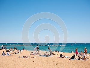 Barcelona, Spain. May 2019. View of Barceloneta Beach in summer in Barcelona. It is one of the most popular beach in Europe