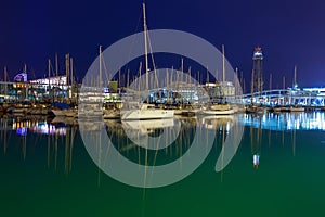 BARCELONA, SPAIN - MAY 16, 2017: View of the sailboats on the pier in center of Barcelona in evening time
