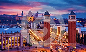 Barcelona, Spain. Nighttime top view at Spanish Square