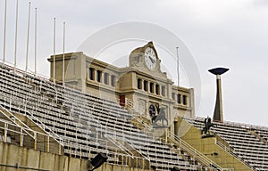 Barcelona, Spain Olympic Stadium clock. Arch inside Estadi Olimpic Lluis Companys, home of the 1992 Summer Olympics