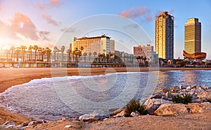 Barcelona, Spain. Panoramic view at Barceloneta beach