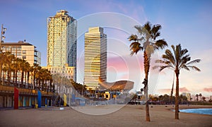 Barcelona Spain. Panoramic view at Barceloneta Beach