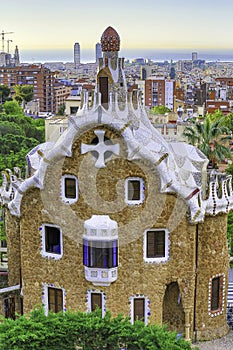Barcelona, Spain: Park Guell. View of the city from Park Guell in Barcelona sunrise. Park Guell by architect Antoni Gaudi