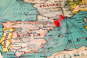 Barcelona, Spain pinned on vintage map of Europe