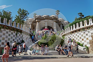 Barcelona, Spain - 24 September 2016: Park Guell stairway to the Hypostyle Room.