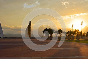 Barcelona stadium in sunset