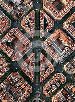 Barcelona street aerial view with beautiful patterns