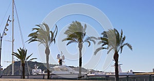 Barcelona sunny day yacht dock montjuic mountain 4k spain