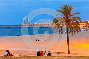 Barceloneta Beach in Barcelona at night, Spain