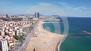 Barceloneta Beach, Barcelona, Spain. Aerial View of Sandy Shore and Promenade