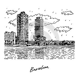 Barceloneta Beach. Barcelona, Spain. Graphic illustration