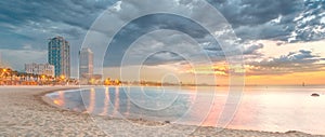 Barceloneta Beach in Barcelona at sunrise