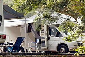 Barcis, Pordenone, Italy a picturesque place camping tourist parking by cars and bicycles