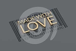 Barcode with golden inscription made with love. Handmade manufacturing